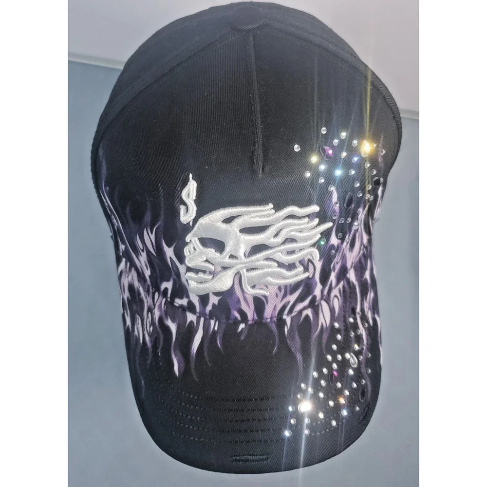 CASHED OUT HATS Purple Flame Black Purple Snapback Hat Skull Full Set COFLAMES